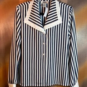 Vintage 90’s work wear blouse.  navy white stripes w/ shoulder pads Size 14 Y.